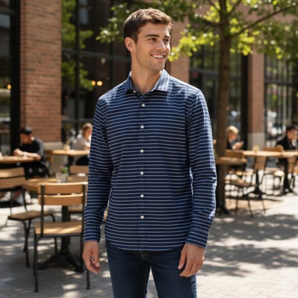 BANANA REPUBLIC Non Iron Tailored Slim Fit Button Down Shirt S Navy White Stripe - Picture 12 of 12